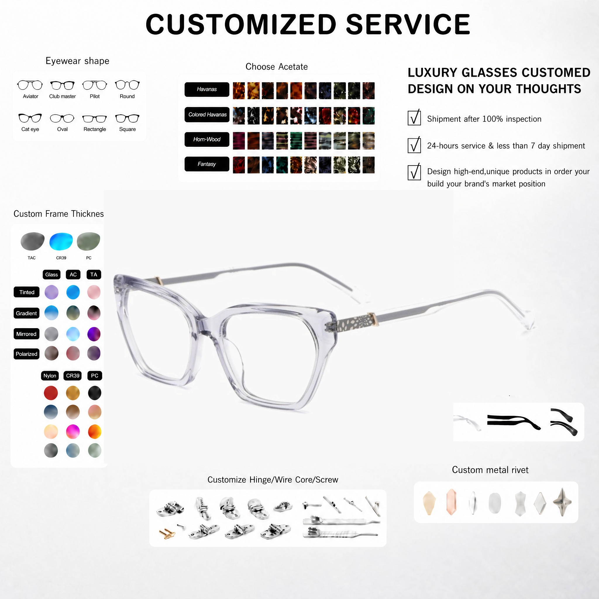 Customization Acetate Optical Glasses Frames Luxury Transparent Clear Eyeglasses 6 Colors Low MOQ Slingshot Hinge Spectacles