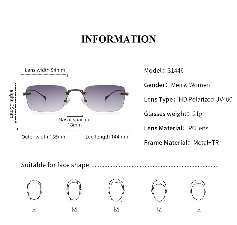 Aochi Square Anti UV400 Sunglasses Black Metal Shades Mens Square Rimless Sun Glasses Frameless Sunglasses for Business Men