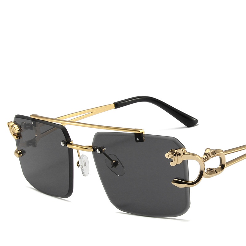 Hot Selling Rimless Cut Edge Rectangle Sunglasses Unisex Frame Leopard Head Double Bridge Sunglasses 2025 Men Rimless Sun Glass