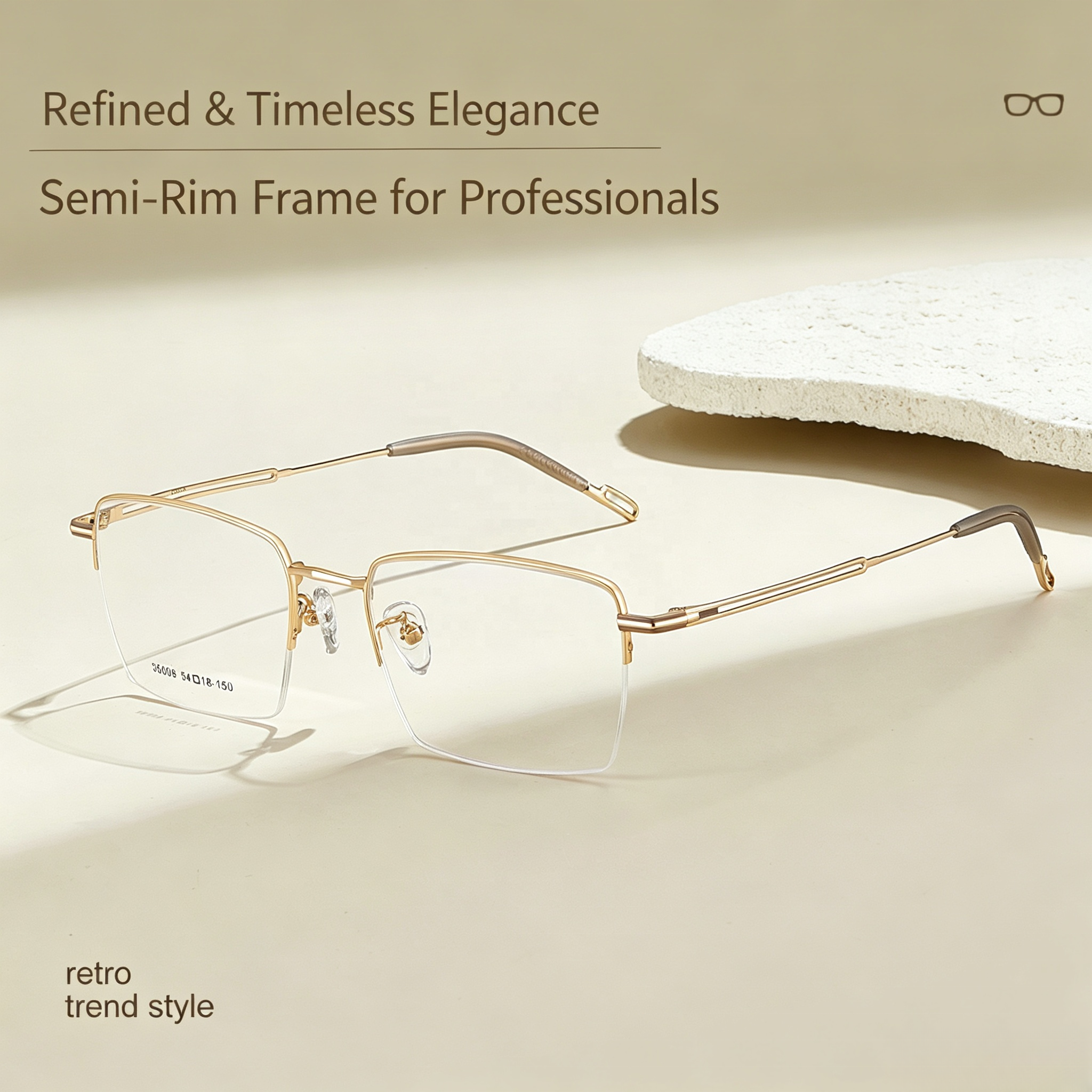 35009 Durable Lightweight Business Glasses For Men Exquisite Gold Vintage Square Half-Rimmed Alloy Eyeglasses Frames