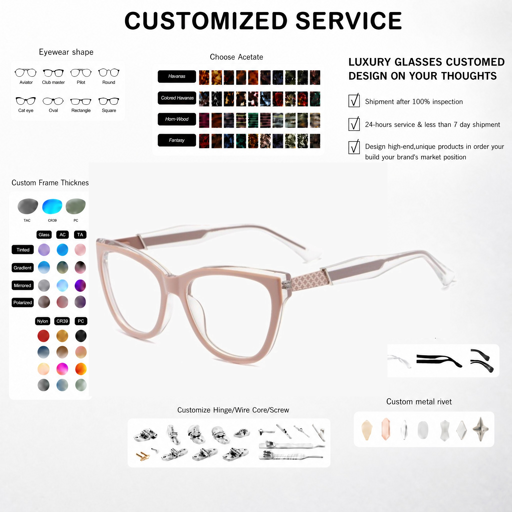 Customization High Quality Acetate Glasses Frames Vintage Transparent Optical Frames Slingshot Spring Hinge Eyewear OEM/ODM