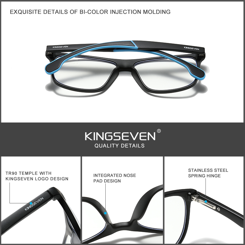 KINGSEVEN Glasses Men TR90 Light Red Temples Design Anti Blue Office Computer Blocking Blue Women Square Eyeglasses Frame 9008A