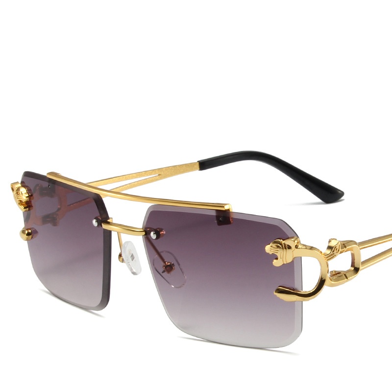 Hot Selling Rimless Cut Edge Rectangle Sunglasses Unisex Frame Leopard Head Double Bridge Sunglasses 2025 Men Rimless Sun Glass