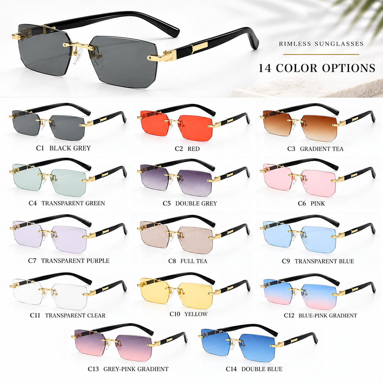 Retro Square Frameless Sunglasses For Men UV400 Metal-Look Rimless Vintage Trendy Eyewear Wholesale Custom Logo OEM
