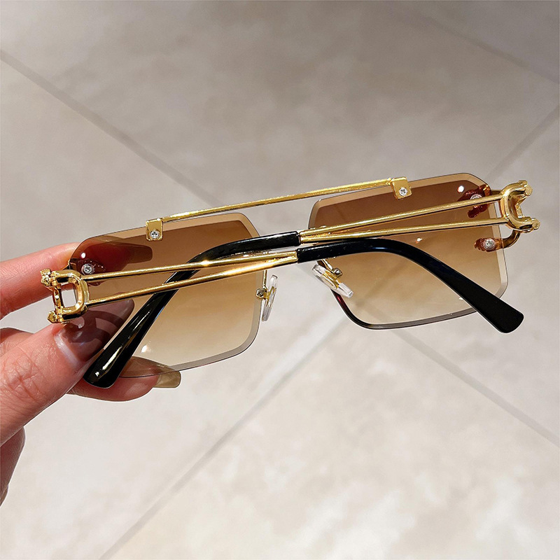 Hot Selling Rimless Cut Edge Rectangle Sunglasses Unisex Frame Leopard Head Double Bridge Sunglasses 2025 Men Rimless Sun Glass