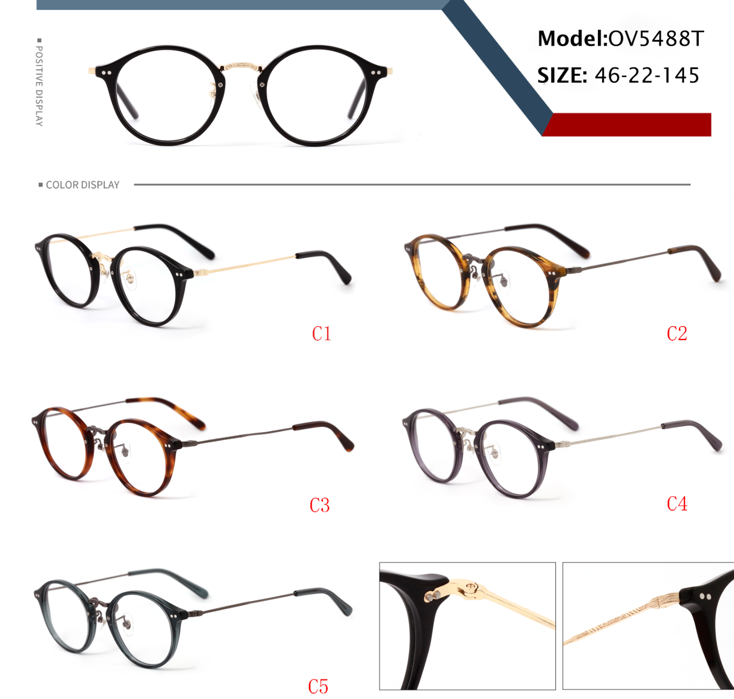 Acetate Round Optical Eyeglass Frames with Metal for Men Women, Custom Logo Eyewear Wholesale Bulk Order