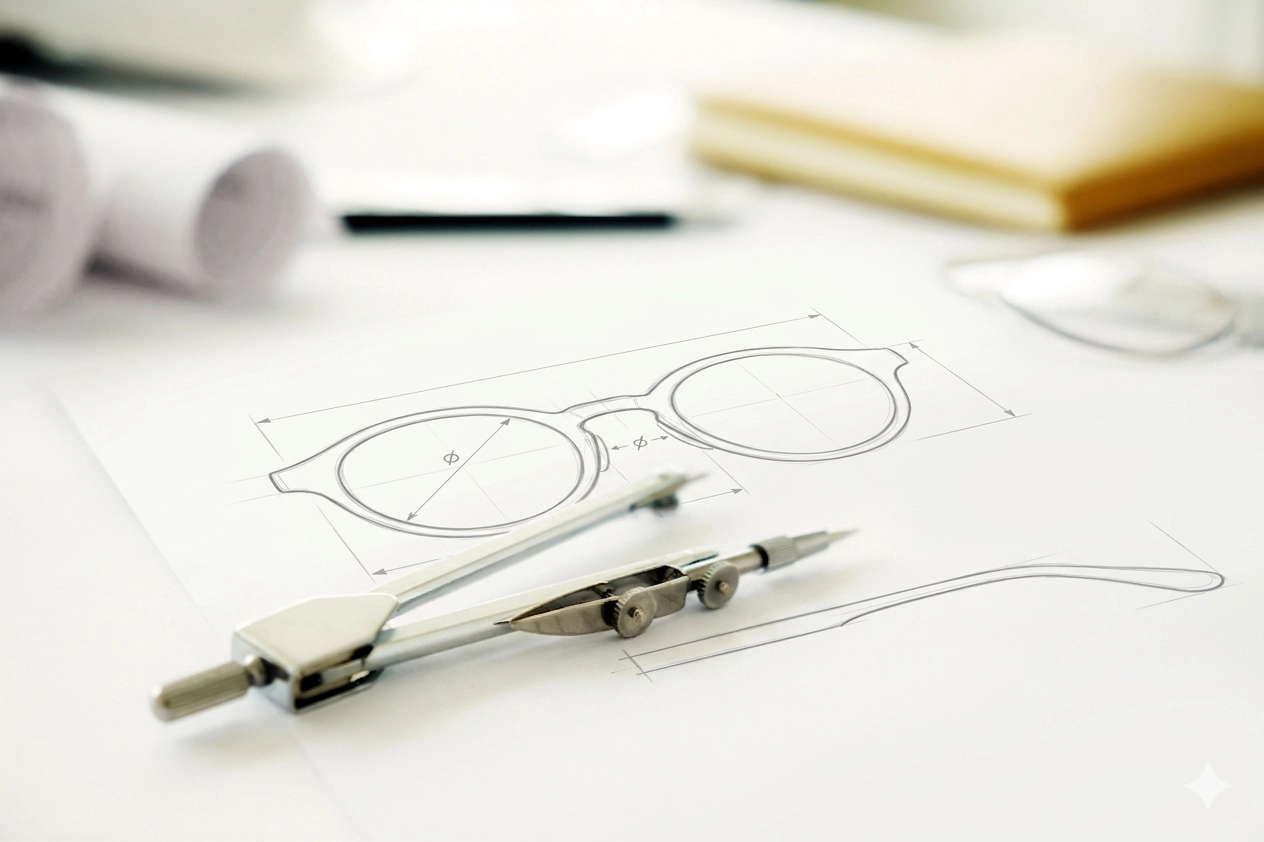 Technical eyeglass frame precision schematics and drafting compass