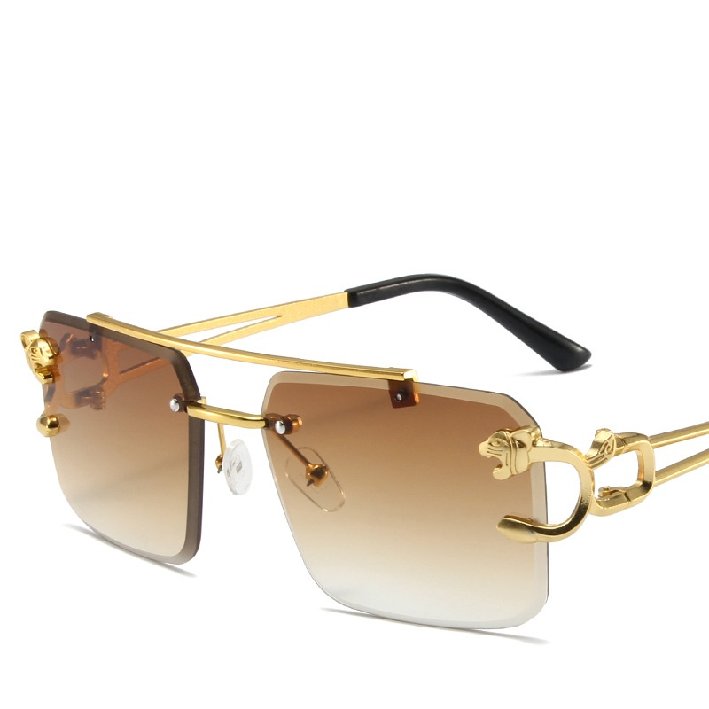 Hot Selling Rimless Cut Edge Rectangle Sunglasses Unisex Frame Leopard Head Double Bridge Sunglasses 2025 Men Rimless Sun Glass