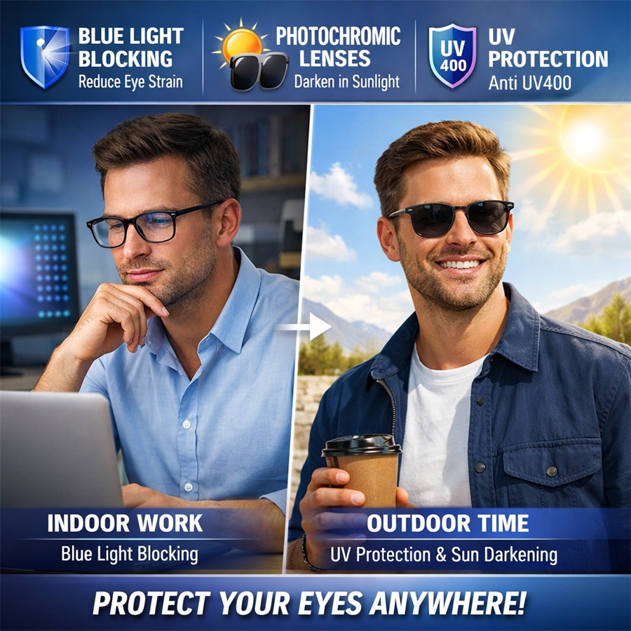 Bulk Ready Stock Frameless Original Photochromic Computer Glasses Blue Light Blocking UV Protection Lunette Photochromique Homme