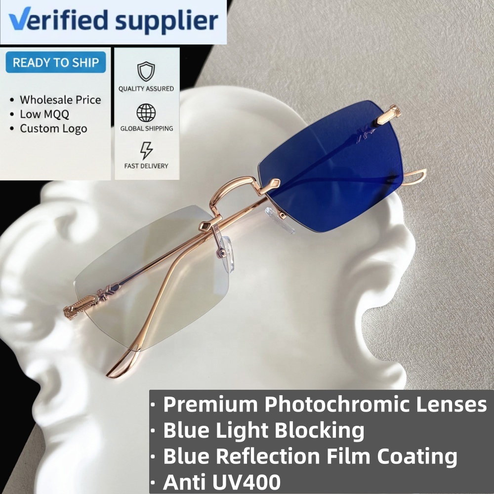 Bulk Ready Stock Frameless Original Photochromic Computer Glasses Blue Light Blocking UV Protection Lunette Photochromique Homme