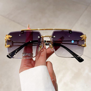 Hot Selling Rimless Cut Edge Rectangle Sunglasses Unisex Frame Leopard Head Double Bridge Sunglasses 2025 Men Rimless Sun Glass