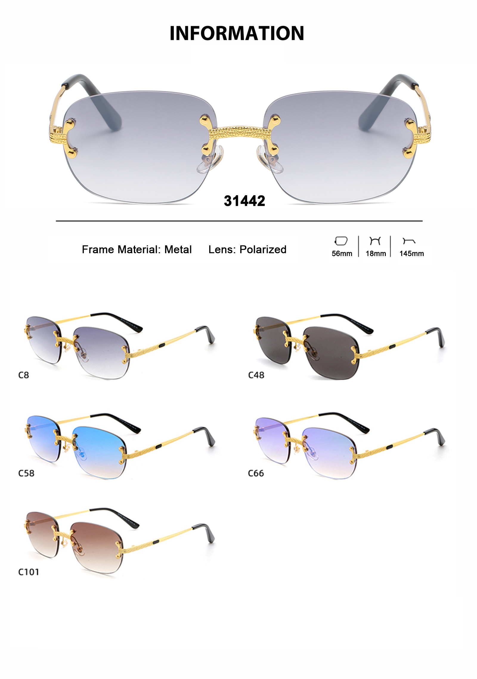 Aochi Square Anti UV400 Sunglasses Black Metal Shades Mens Square Rimless Sun Glasses Frameless Sunglasses for Business Men