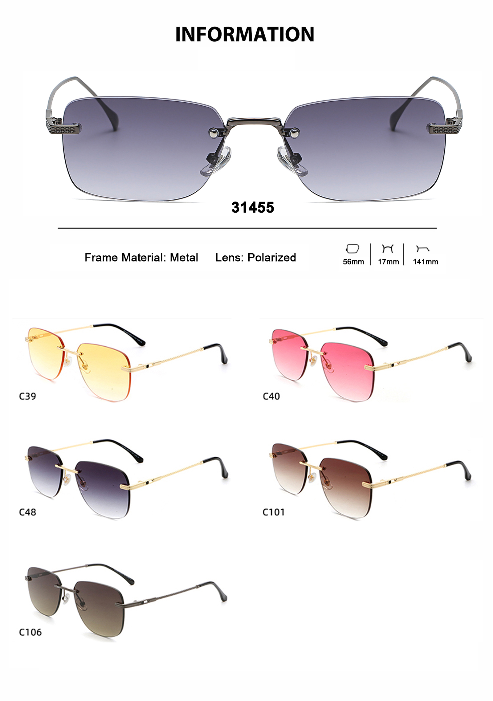 Aochi Square Anti UV400 Sunglasses Black Metal Shades Mens Square Rimless Sun Glasses Frameless Sunglasses for Business Men