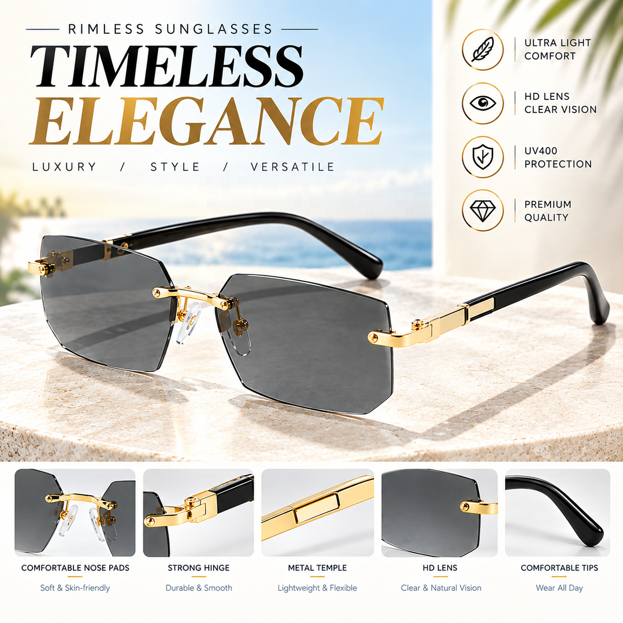 Retro Square Frameless Sunglasses For Men UV400 Metal-Look Rimless Vintage Trendy Eyewear Wholesale Custom Logo OEM