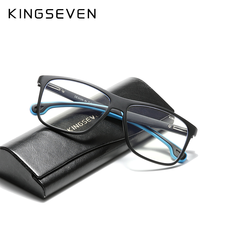 KINGSEVEN Glasses Men TR90 Light Red Temples Design Anti Blue Office Computer Blocking Blue Women Square Eyeglasses Frame 9008A